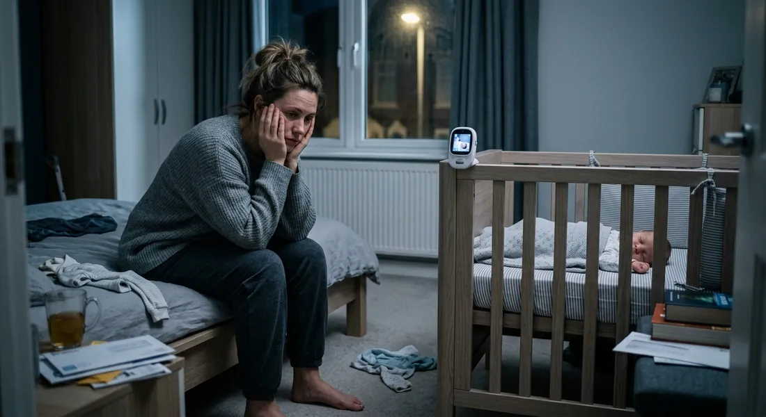 An exhausted mother sitting on the edge of her bed at night with her head in her hands, her baby asleep in a cot beside her